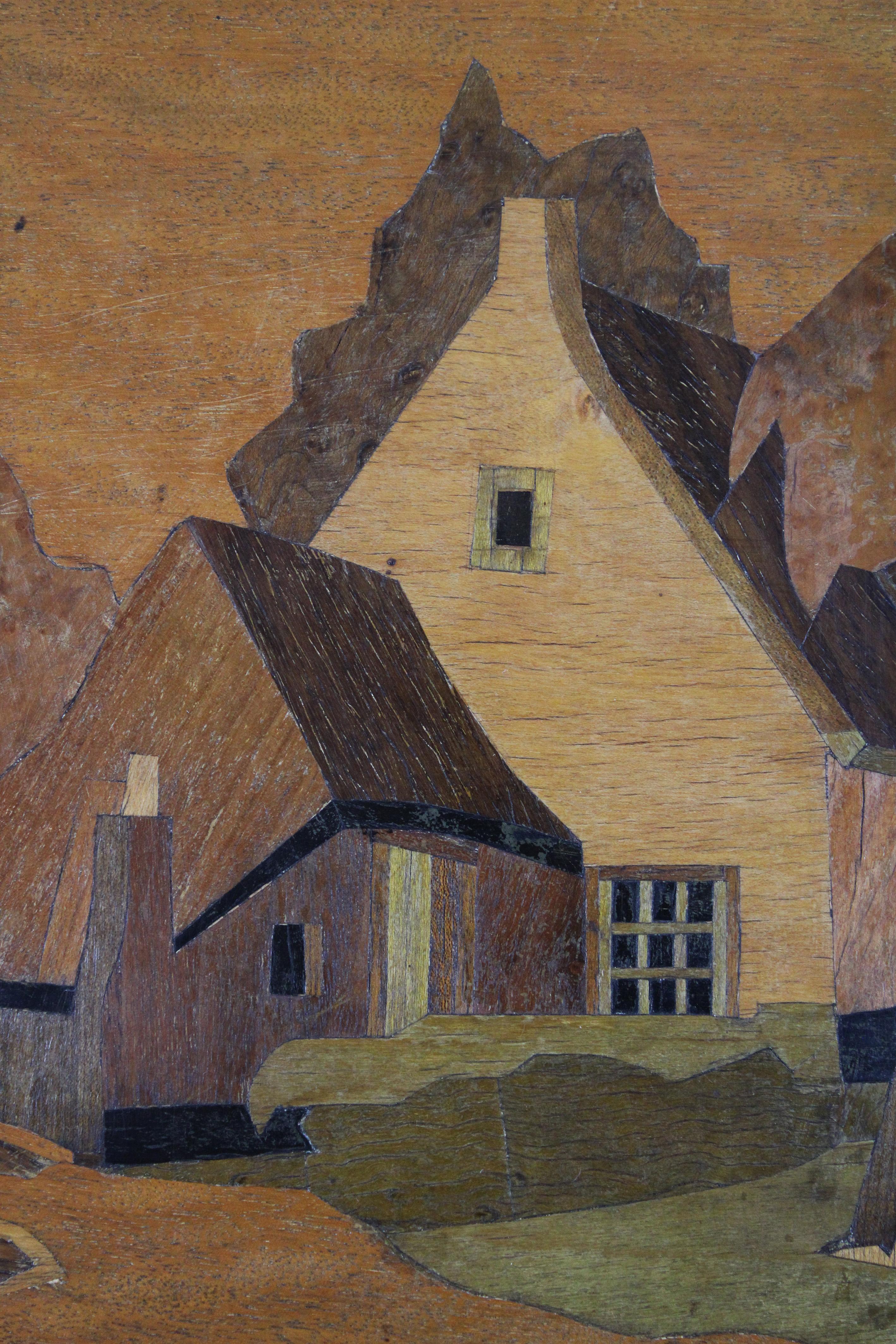 Pair of early 20th Century Marquetry wooden Panels naive countryside France 1