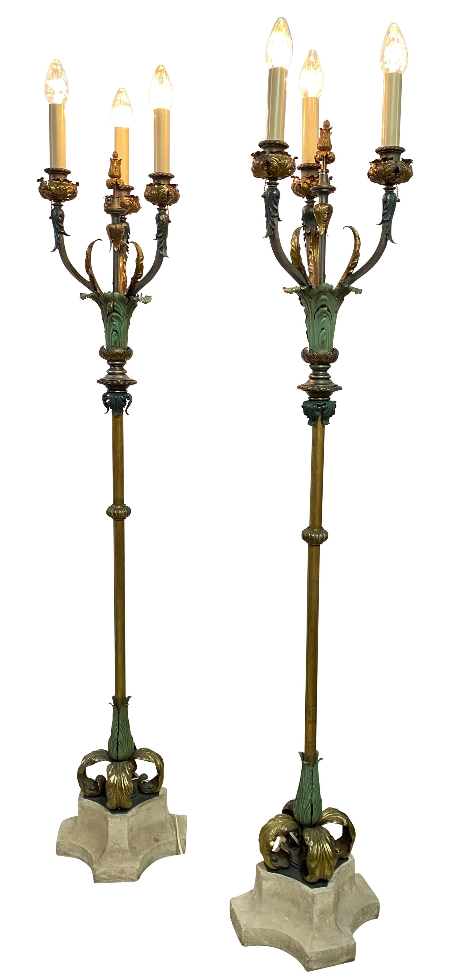European Pair of Early 20th Century Mediterranean Style Painted Brass Floor Lamps For Sale