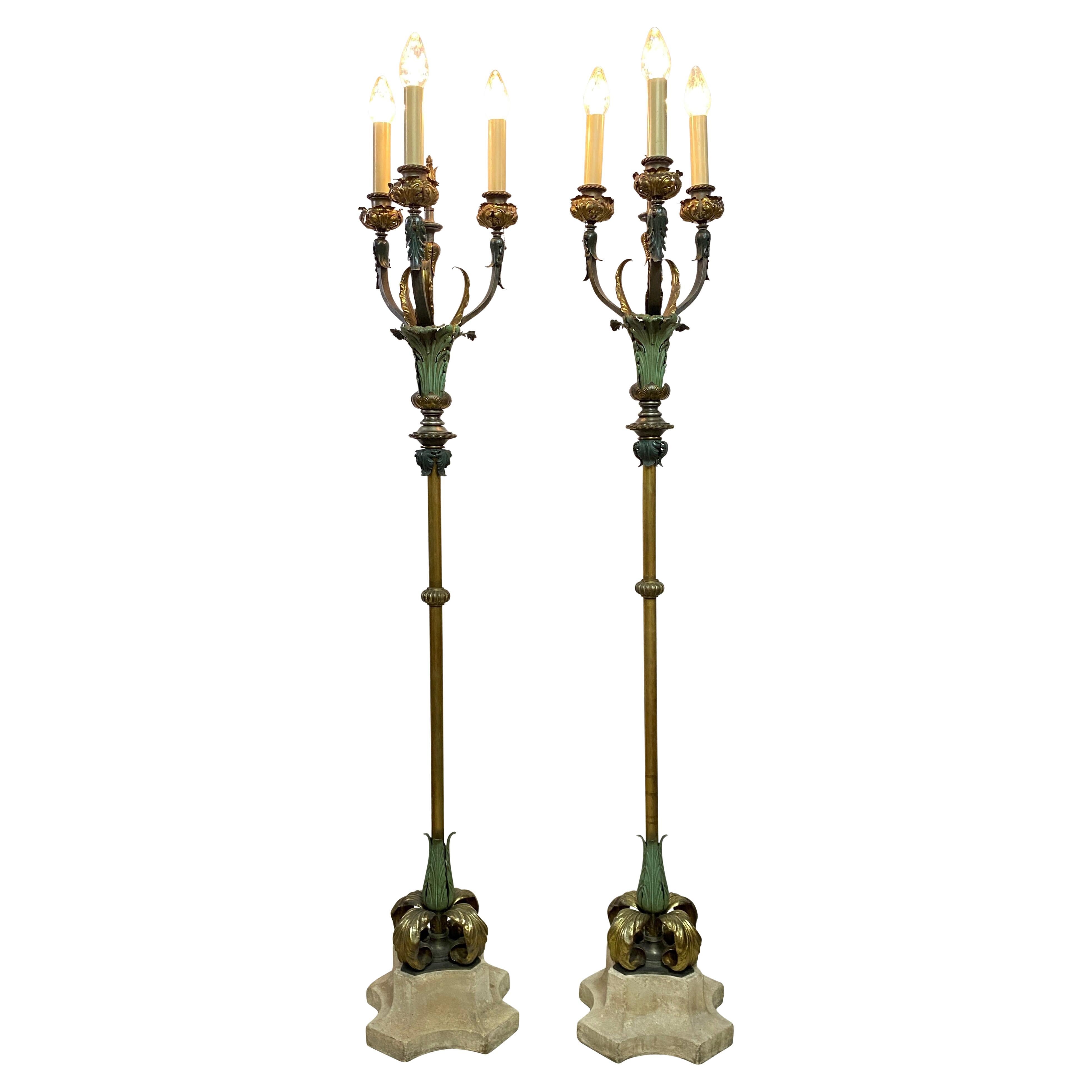 Pair of Early 20th Century Mediterranean Style Painted Brass Floor Lamps For Sale