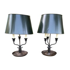 Antique Pair of Early 20th Century Metal Three Arm Bouillotte Lamps with Tole Shades