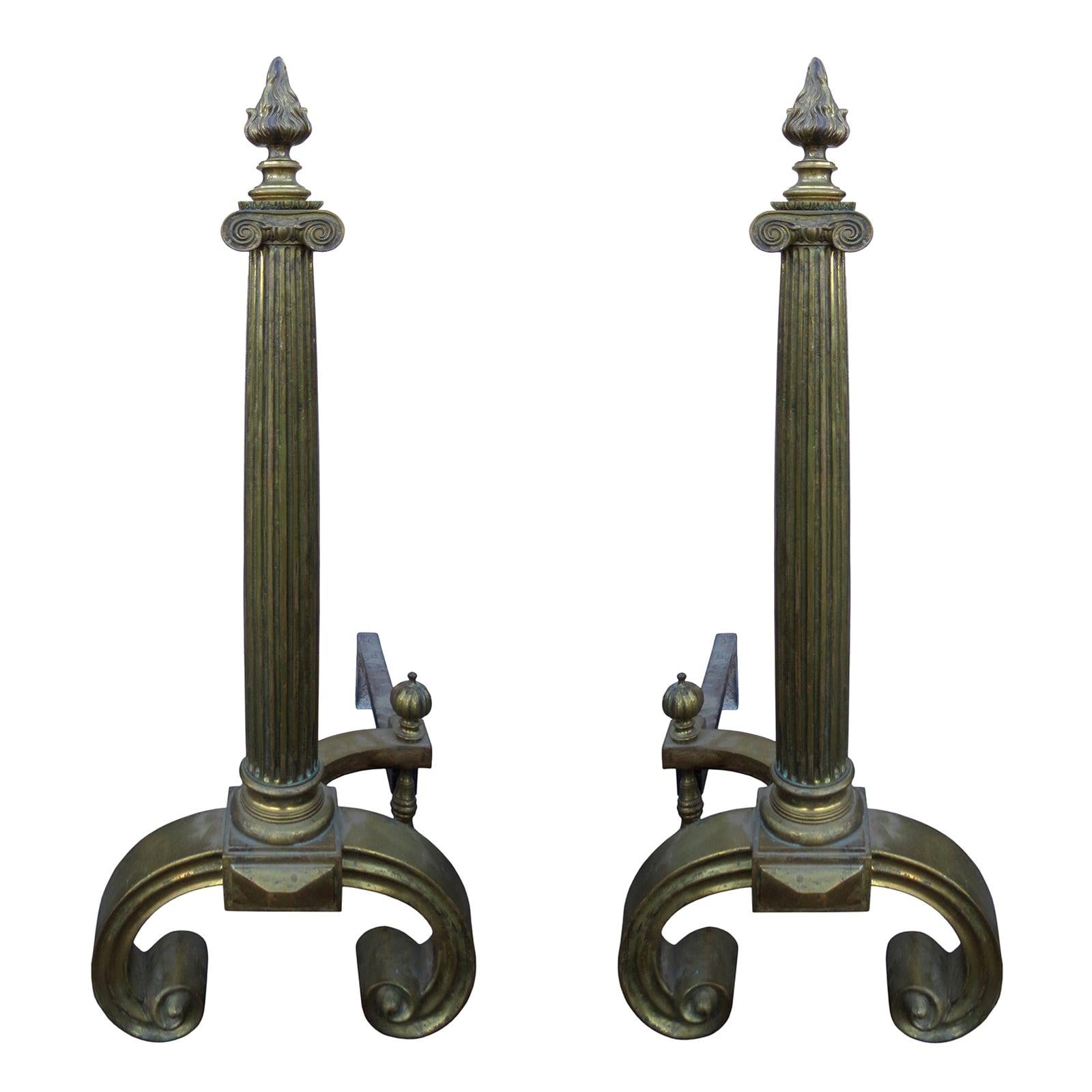 Pair of Early 20th Century Neoclassical Brass Andirons with Flame Finials For Sale