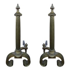 Pair of Early 20th Century Neoclassical Brass Andirons with Flame Finials