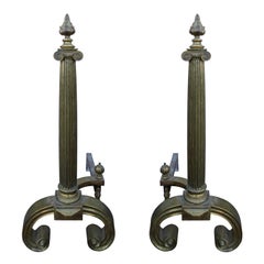 Pair of Early 20th Century Neoclassical Brass Andirons with Flame Finials