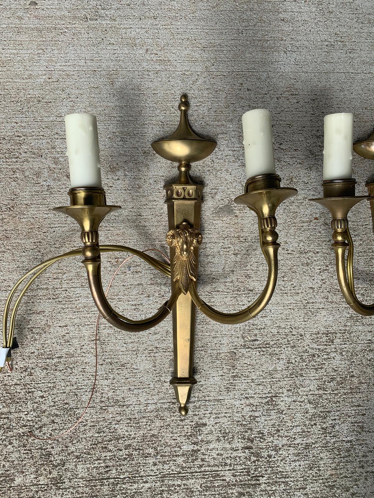 Pair of Early 20th Century Neoclassical Brass Two-Light Sconces with Rams Heads For Sale 7