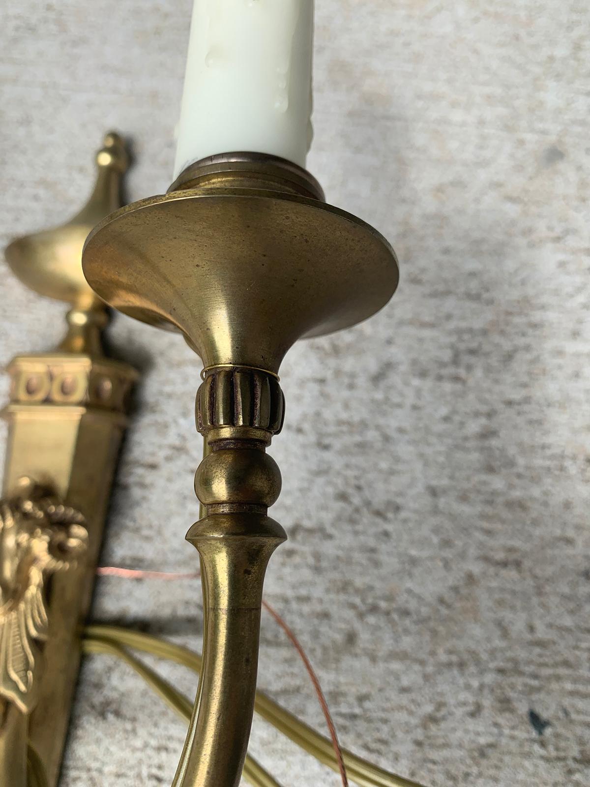 Pair of Early 20th Century Neoclassical Brass Two-Light Sconces with Rams Heads For Sale 9