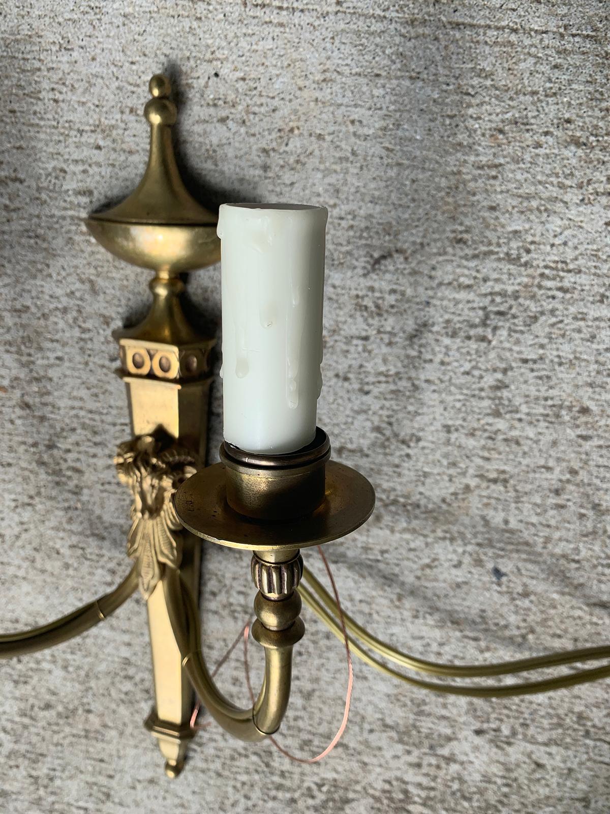 Pair of Early 20th Century Neoclassical Brass Two-Light Sconces with Rams Heads For Sale 10