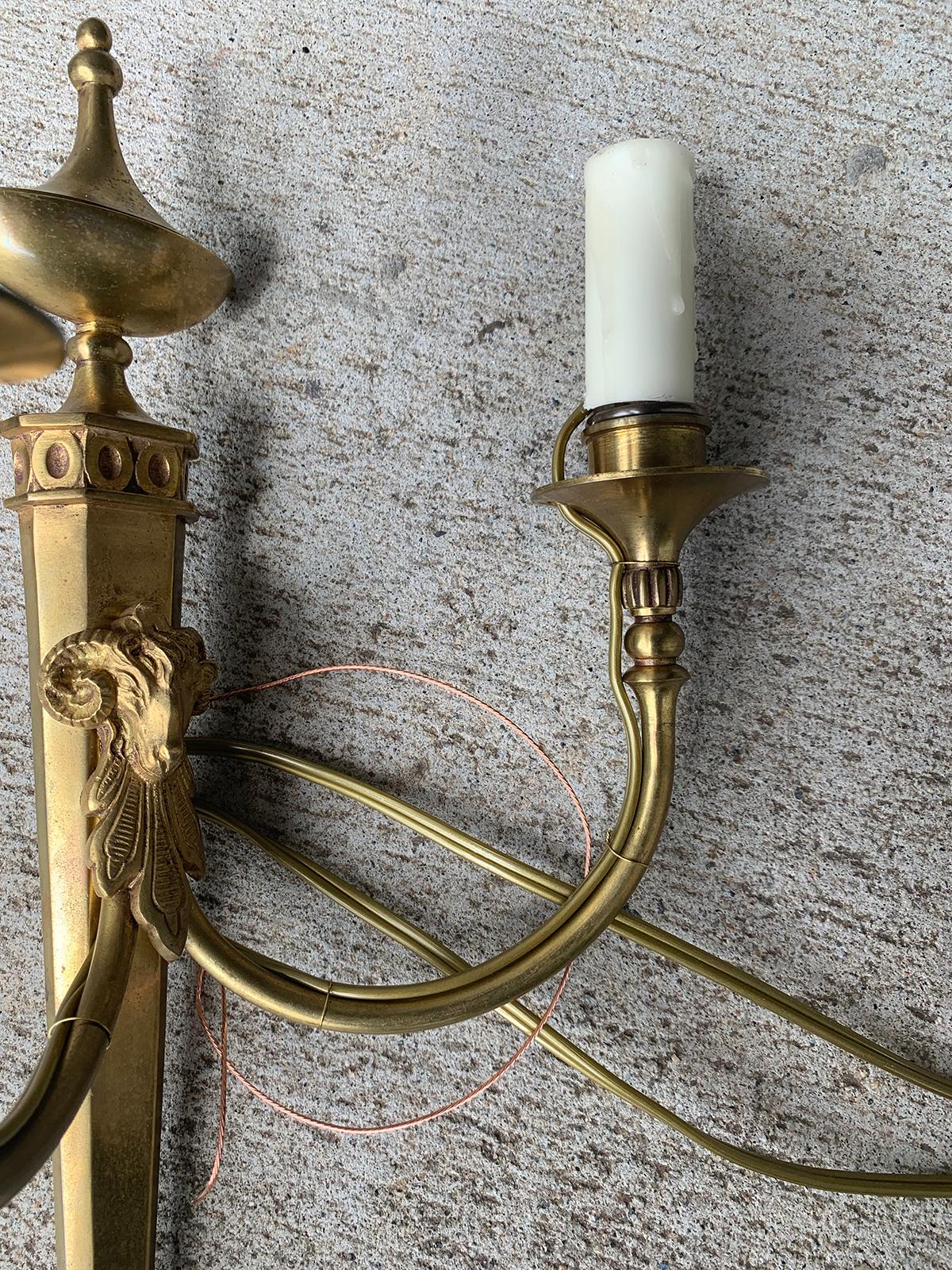 Pair of Early 20th Century Neoclassical Brass Two-Light Sconces with Rams Heads For Sale 12