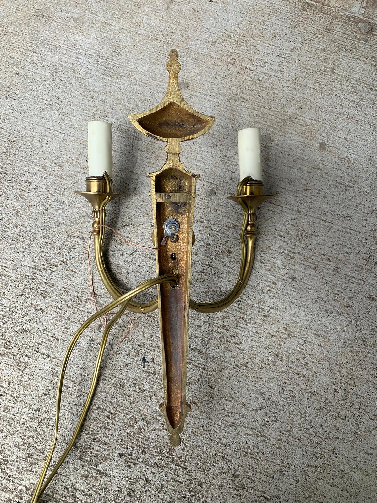 Pair of Early 20th Century Neoclassical Brass Two-Light Sconces with Rams Heads For Sale 13