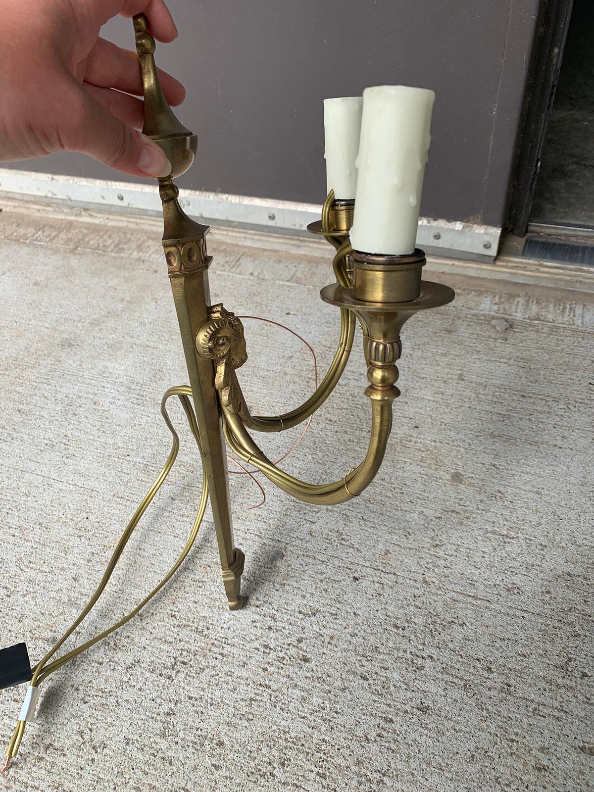 Pair of Early 20th Century Neoclassical Brass Two-Light Sconces with Rams Heads For Sale 3