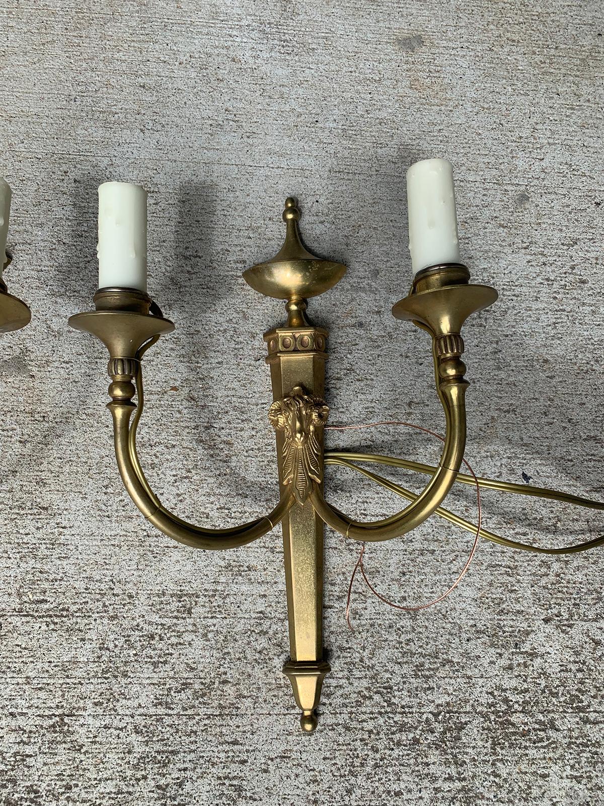 Pair of Early 20th Century Neoclassical Brass Two-Light Sconces with Rams Heads For Sale 4