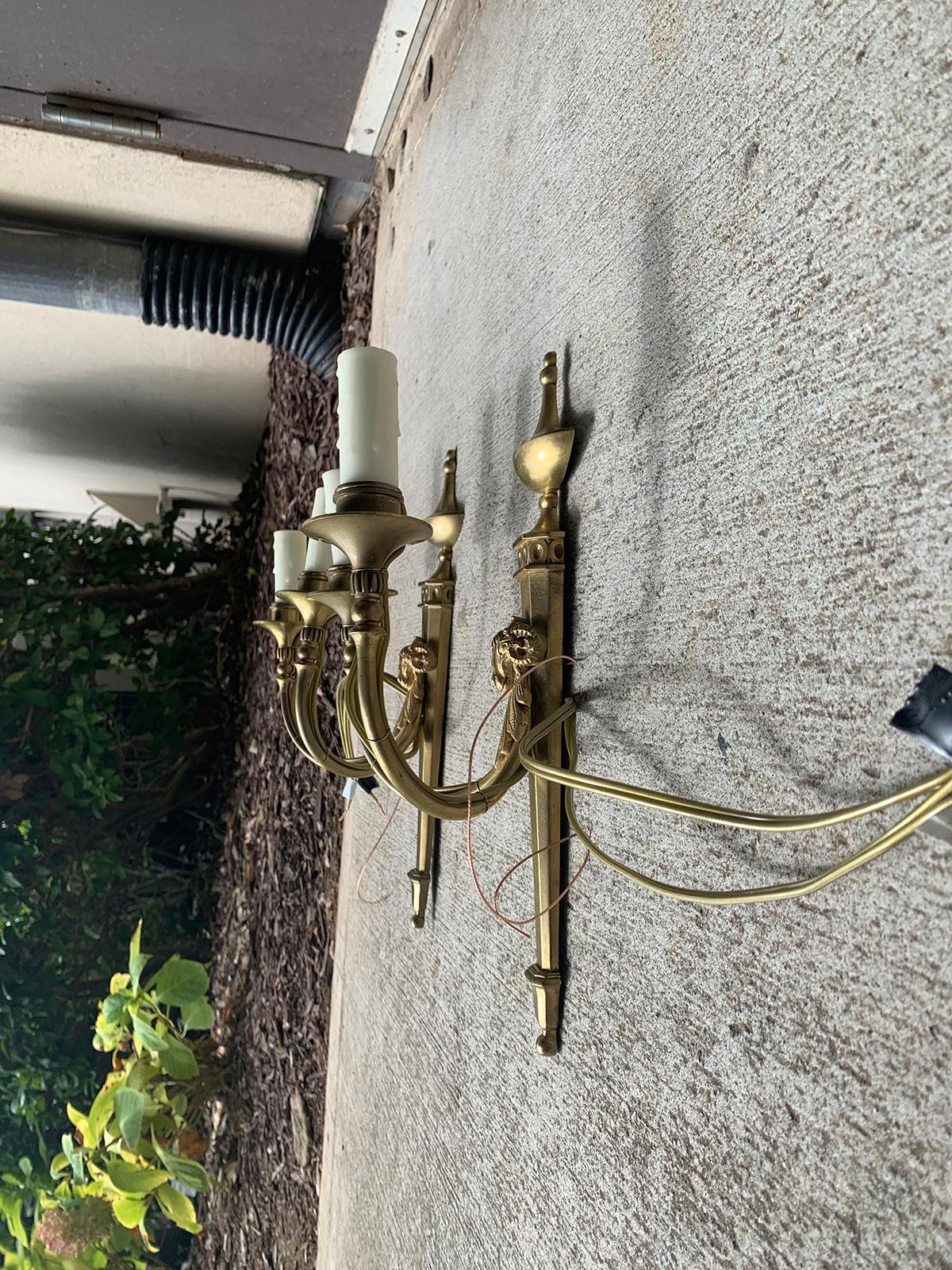 Pair of Early 20th Century Neoclassical Brass Two-Light Sconces with Rams Heads For Sale 5