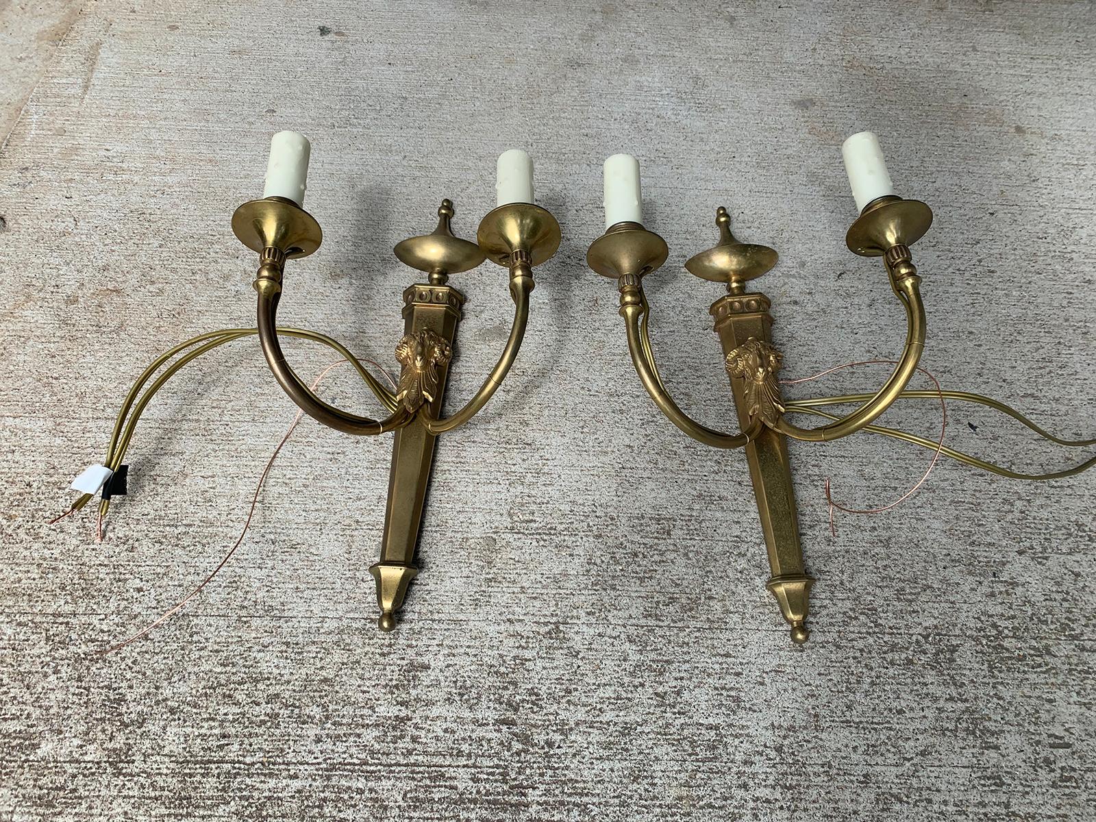 Pair of Early 20th Century Neoclassical Brass Two-Light Sconces with Rams Heads For Sale 6