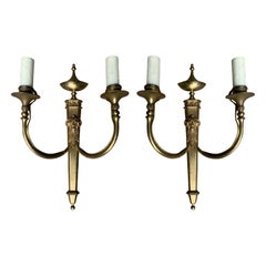 Pair of Early 20th Century Neoclassical Brass Two-Light Sconces with Rams Heads