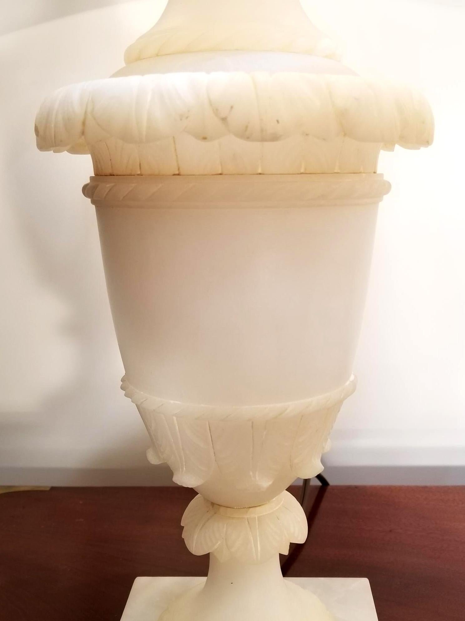 Pair of Early 20th Century Neoclassical Carved Alabaster Lamps 2