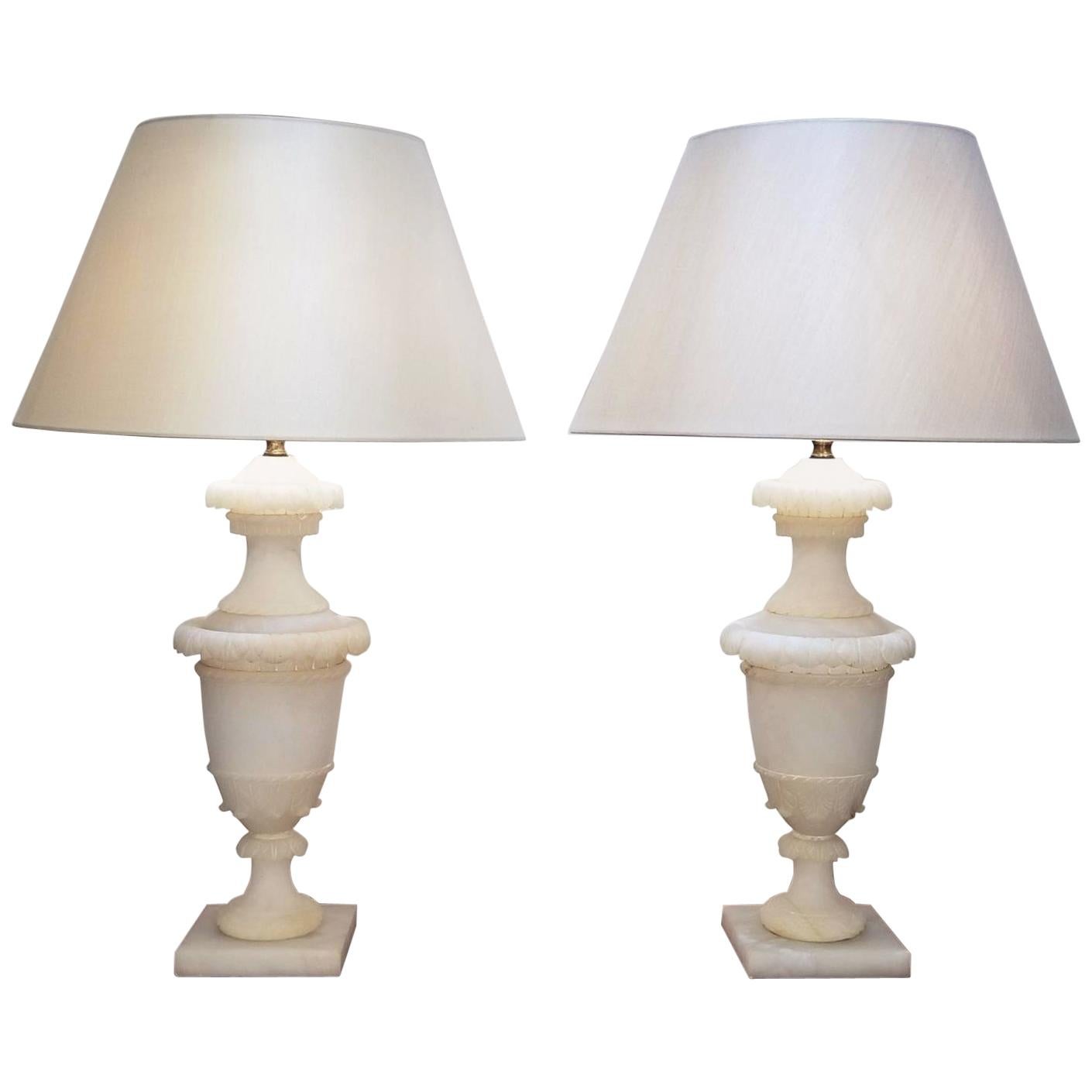 Pair of Early 20th Century Neoclassical Carved Alabaster Lamps