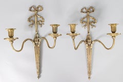Pair of Early 20th Century Neoclassical Style French Brass Bow Candle Sconces