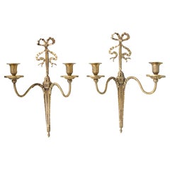 Antique Pair of Early 20th Century Neoclassical Style French Brass Bow Candle Sconces