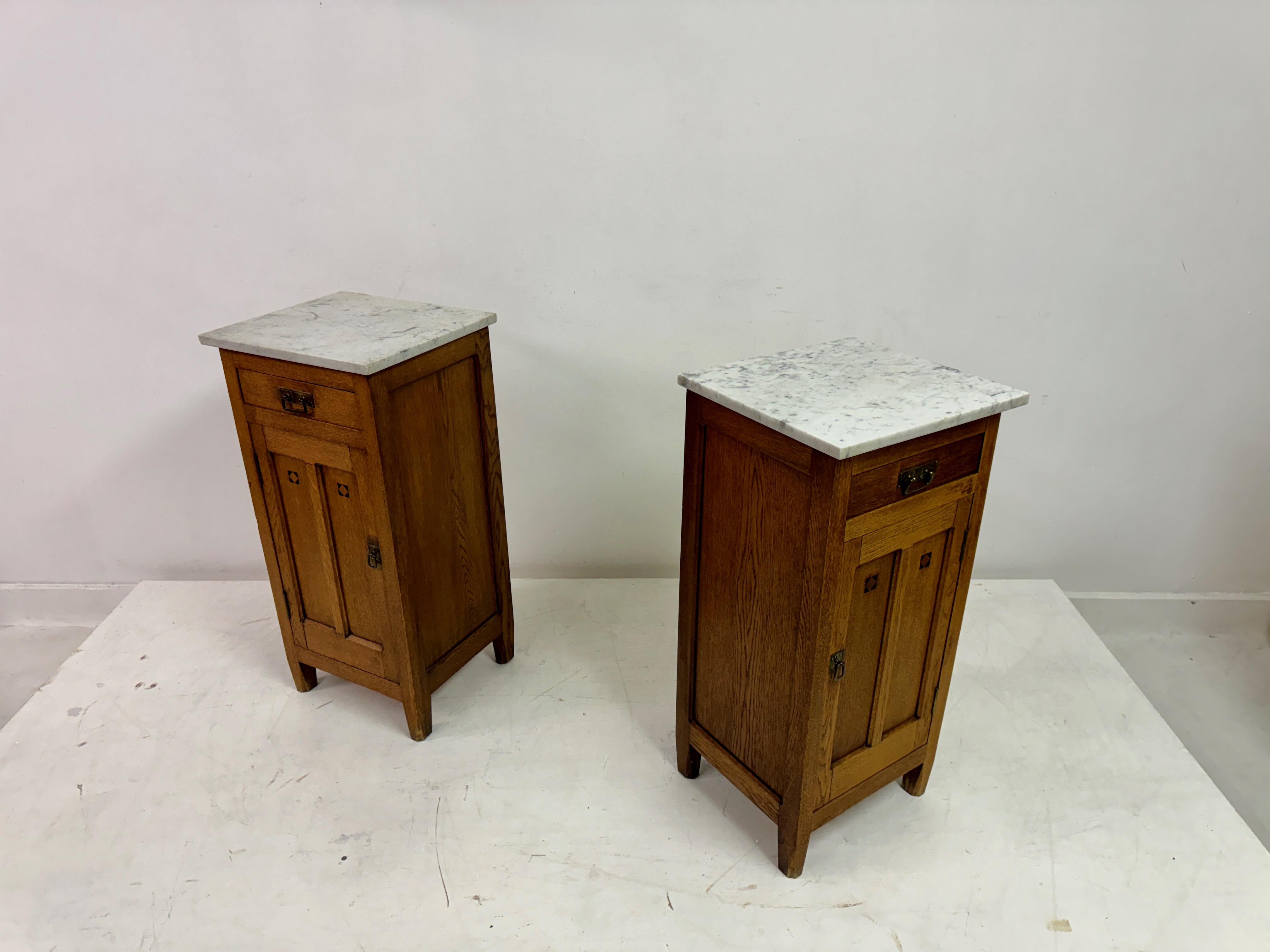 Pair of Early 20th Century Oak Bedside Cabinets with Marble Tops For Sale 9