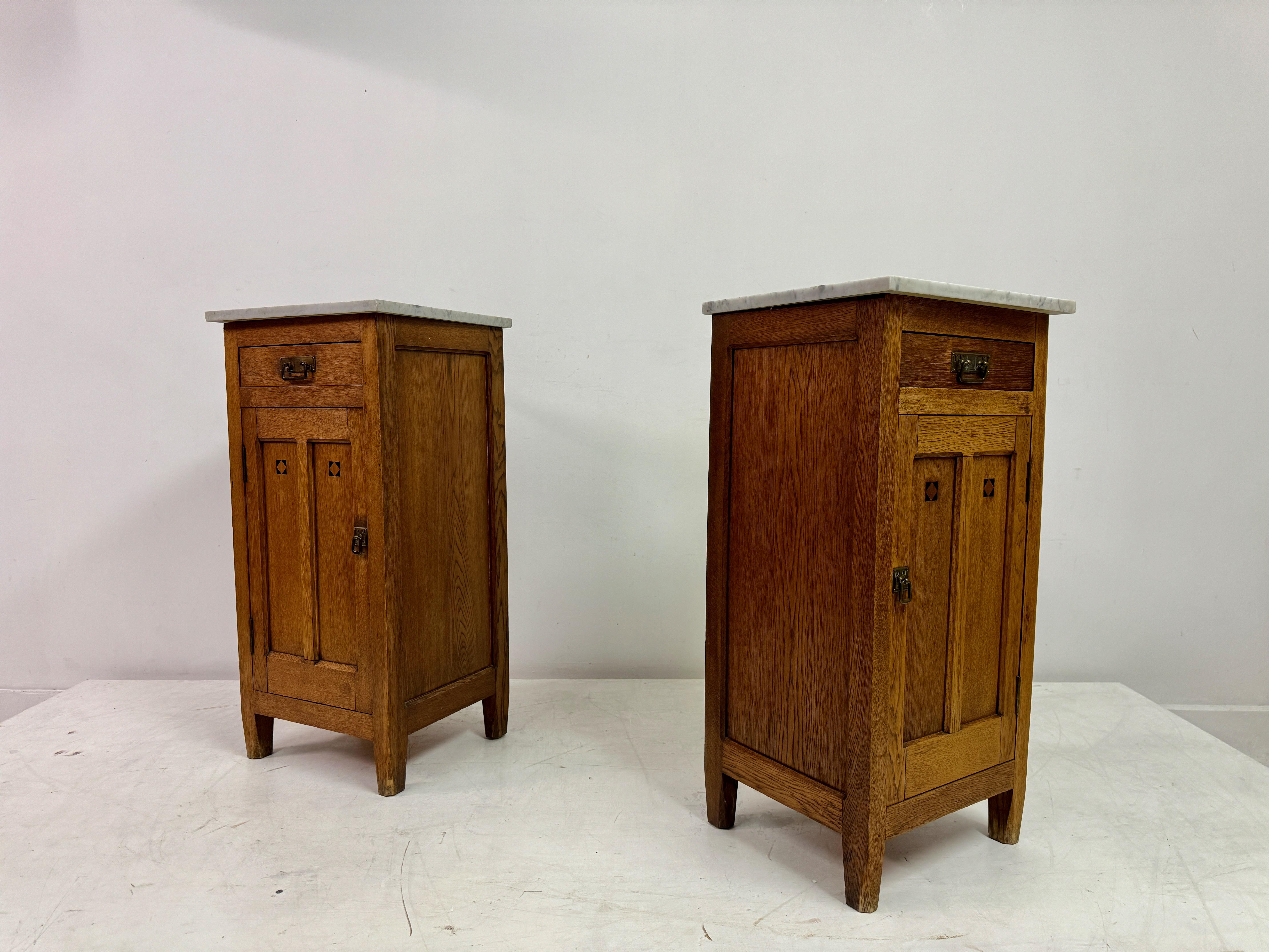 Pair of Early 20th Century Oak Bedside Cabinets with Marble Tops For Sale 10