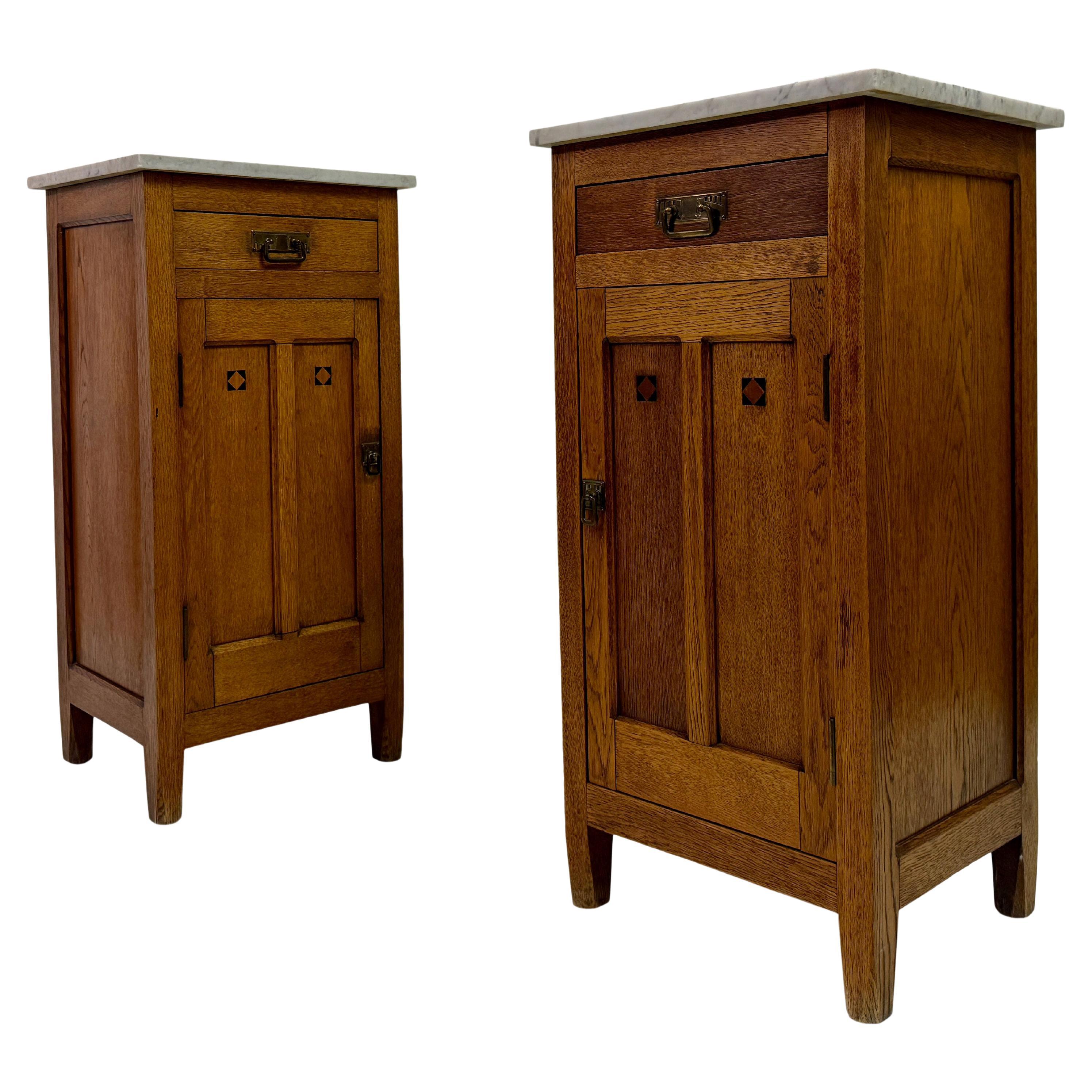 Pair of Early 20th Century Oak Bedside Cabinets with Marble Tops For Sale