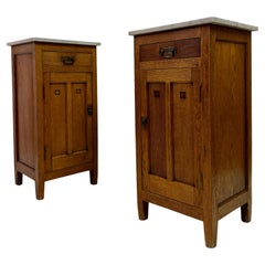 Antique Pair of Early 20th Century Oak Bedside Cabinets with Marble Tops