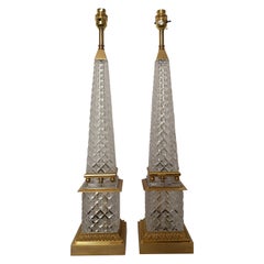 Antique Pair of Early 20th Century Obelisk Cut Crystal and Bronze Lamps