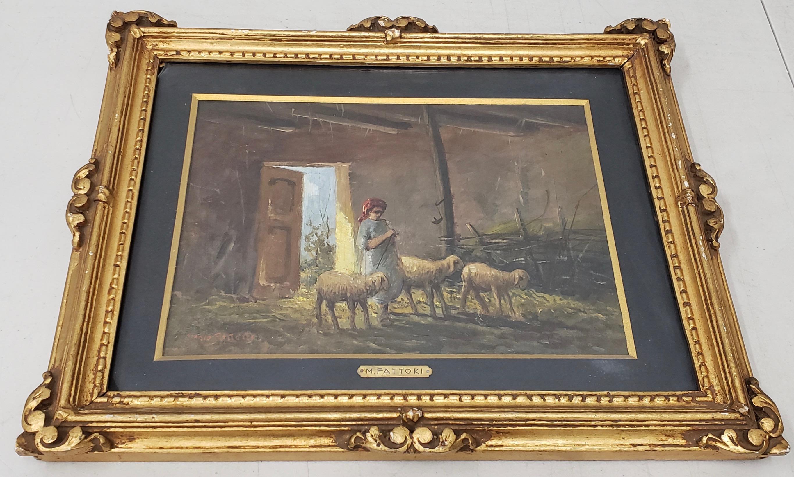 Pair of early 20th century oil paintings by Mario Fattori, circa 1920s

Wonderful pair of oil paintings. One shows a young woman standing in a barn interior with sheep, the other shows a young man reading by the fire while his mother sews.

The