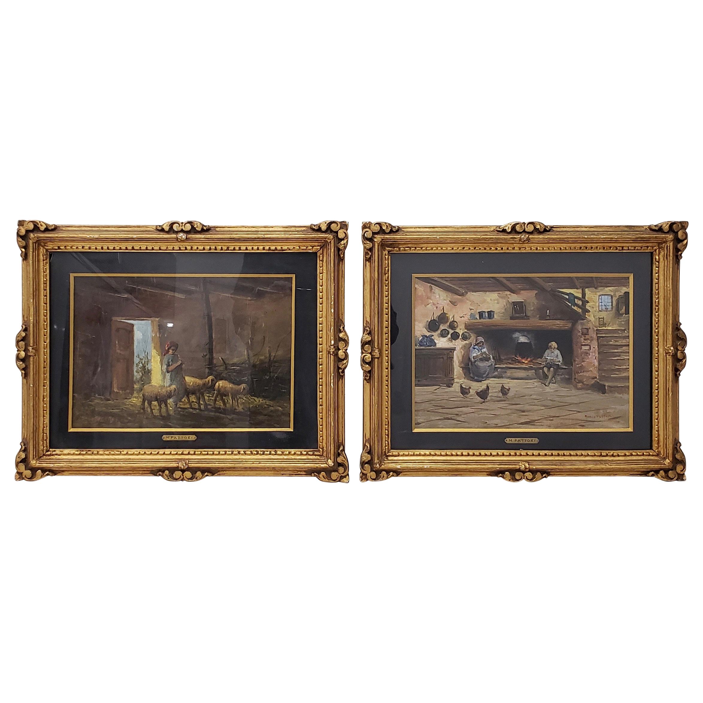 Pair of Early 20th Century Oil Paintings by Mario Fattori, circa 1920s For Sale