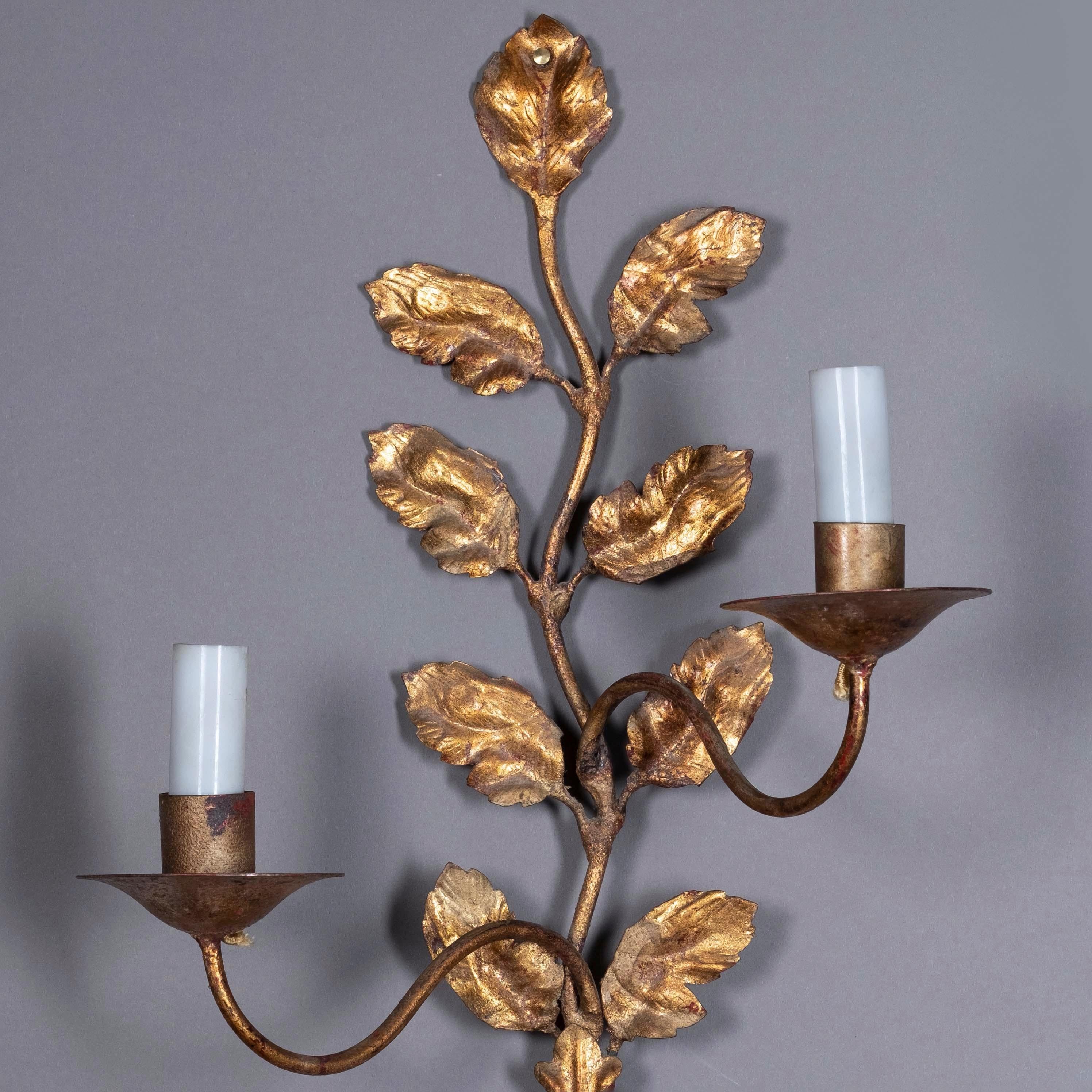 Rococo Pair of Early 20th Century Painted and Parcel Gilded Foliate Wall Lights