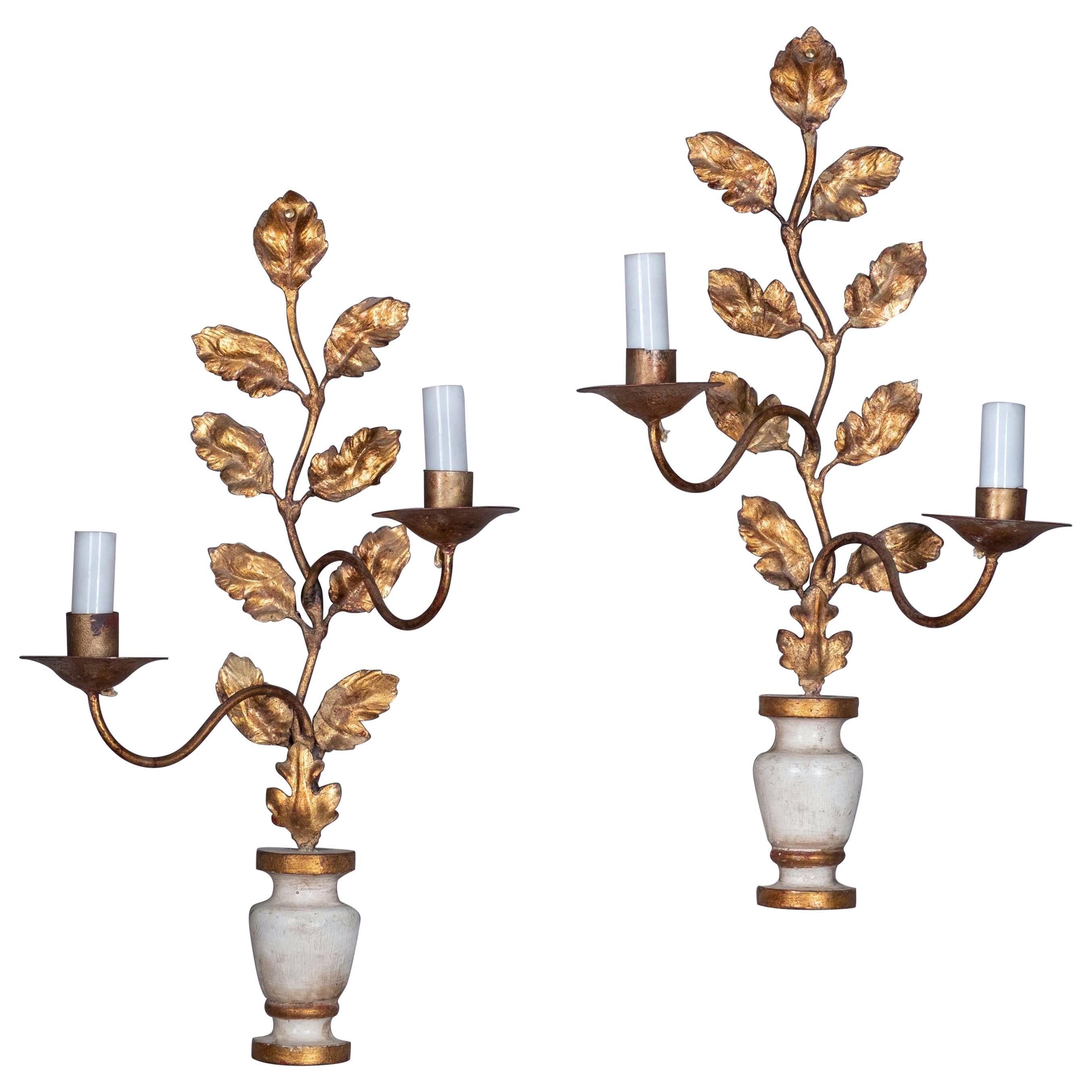 Pair of Early 20th Century Painted and Parcel Gilded Foliate Wall Lights