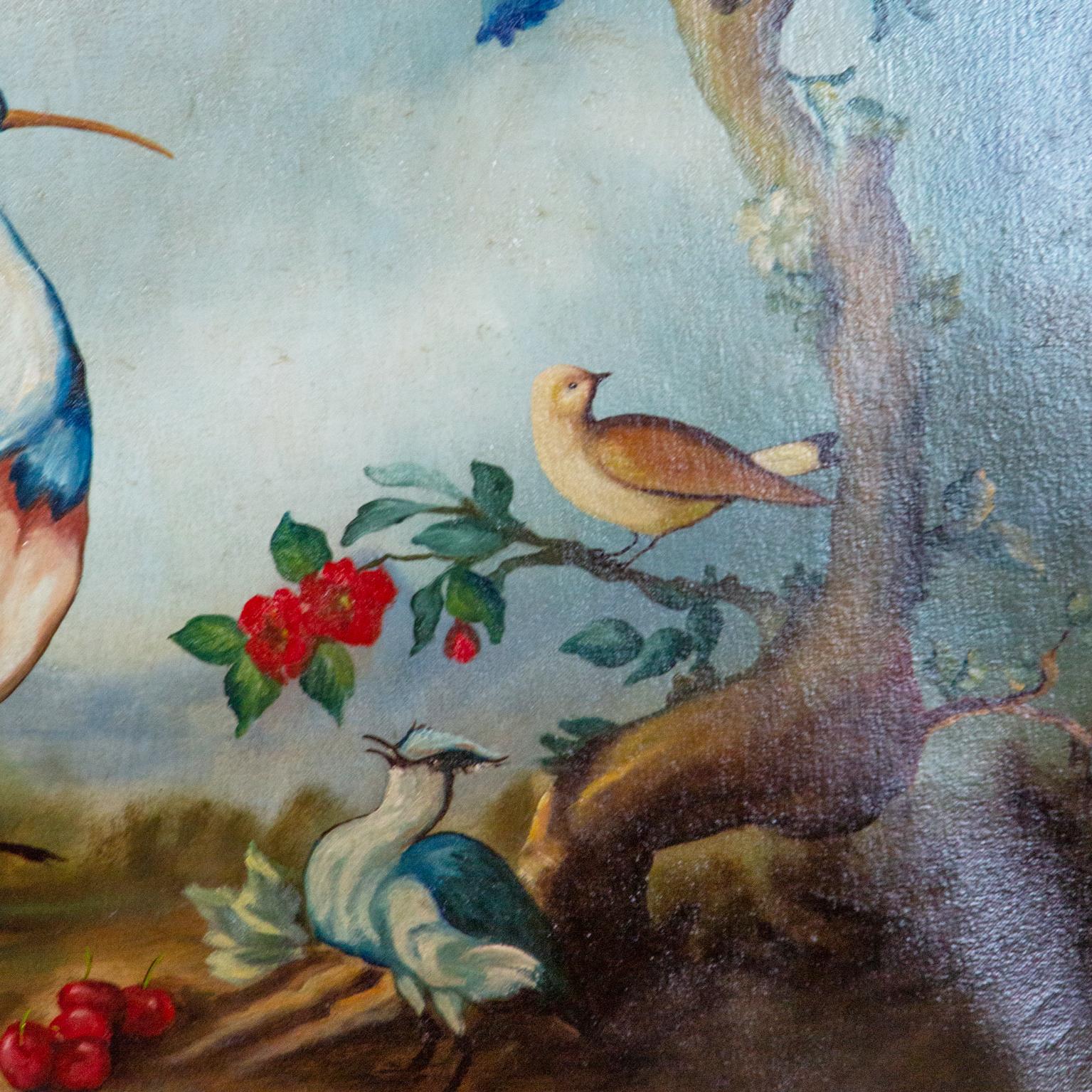 Pair of Early 20th Century Painted Birds and Fruits on Canvas 4