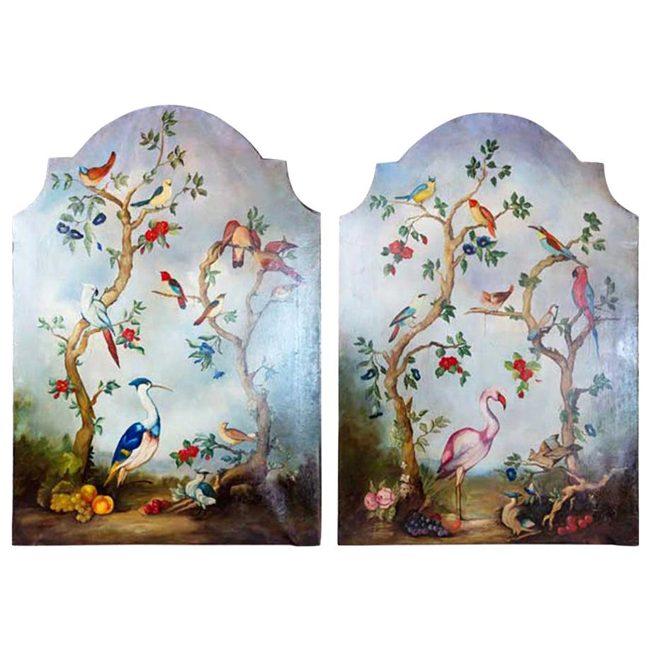 Pair of Early 20th Century Painted Birds and Fruits on Canvas