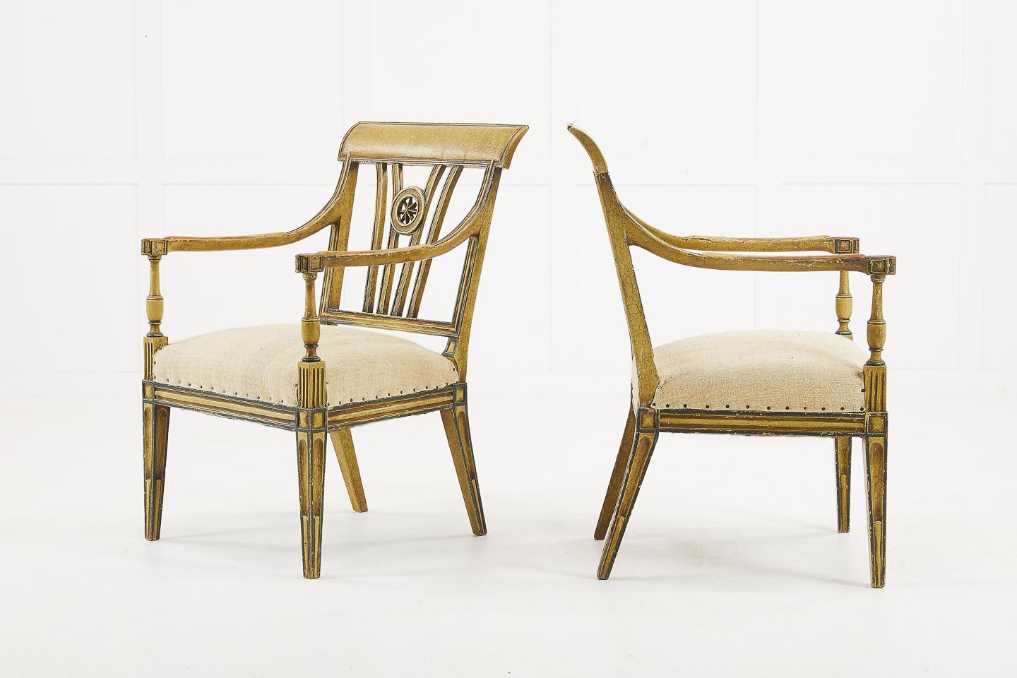 Pair of early 20th century chairs, in original paint of nice form and design with shapely back leg. Re-covered in antique linen.