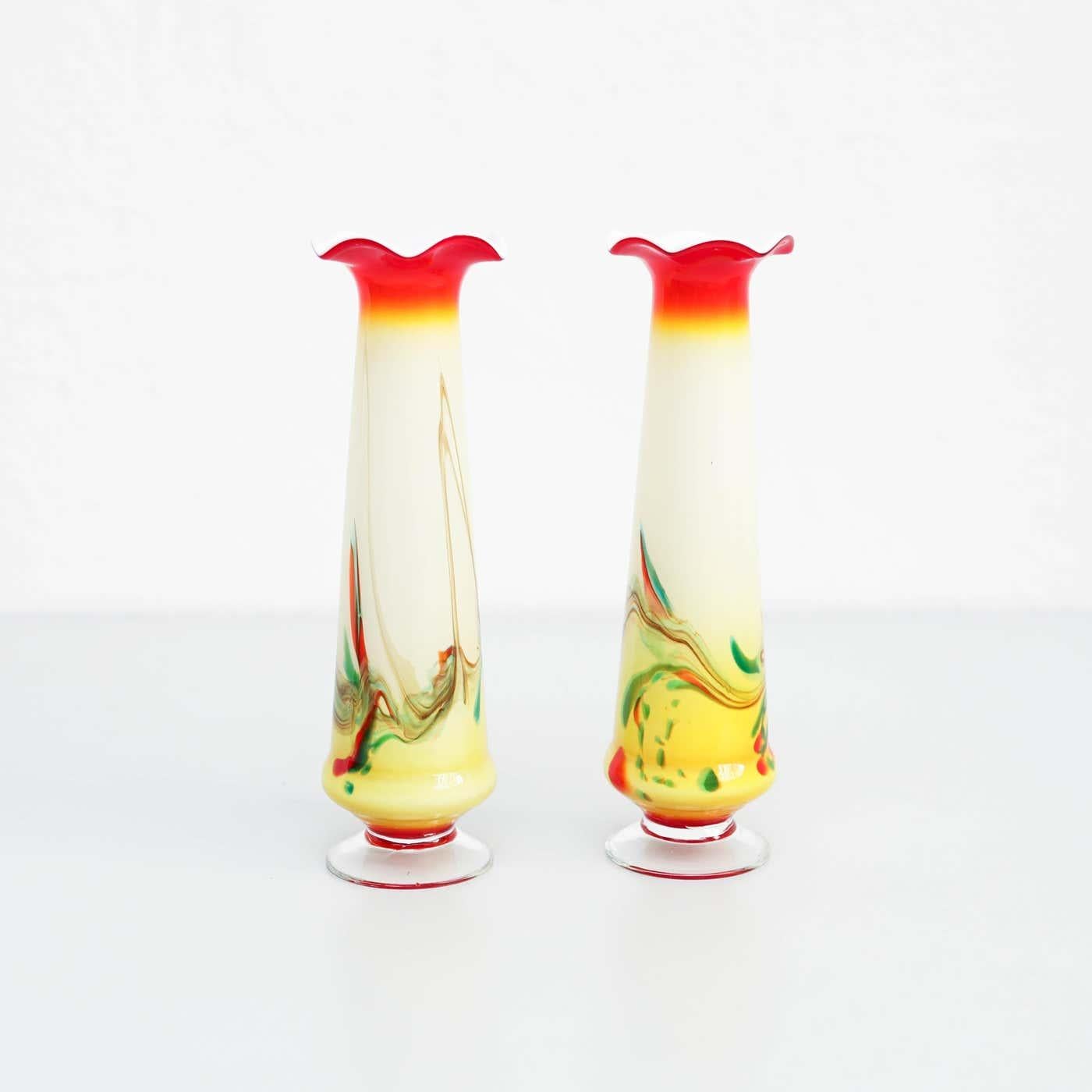French Pair of Early 20th Century Painted Glass Vases For Sale