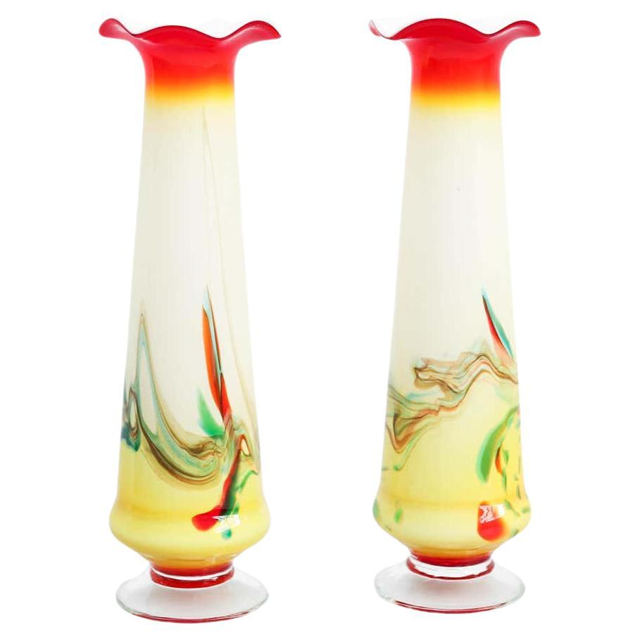 Pair of Early 20th Century Painted Glass Vases For Sale