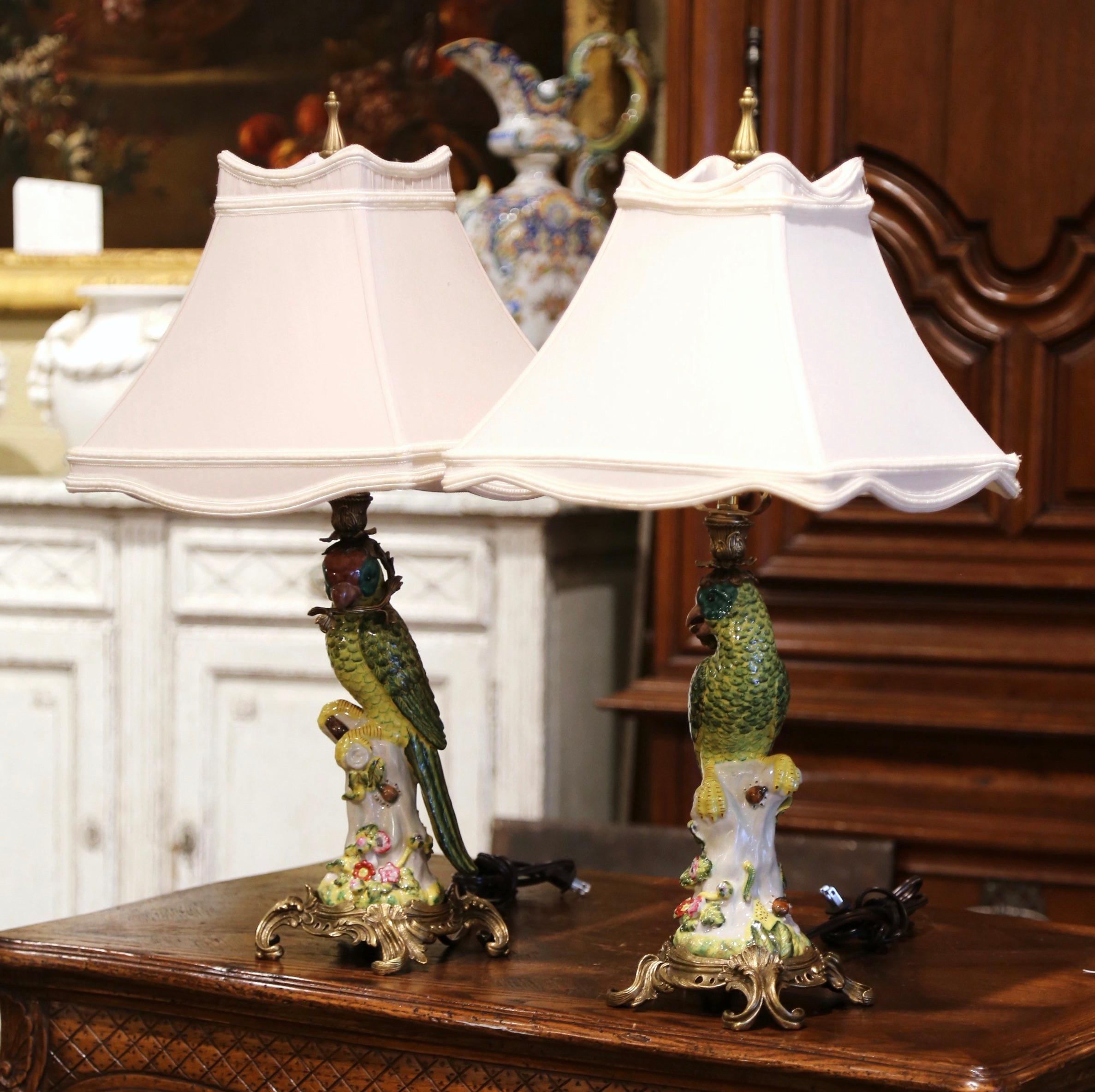 Pair of Early 20th Century Painted Porcelain Parrot Table Lamps on Bronze Bases 1