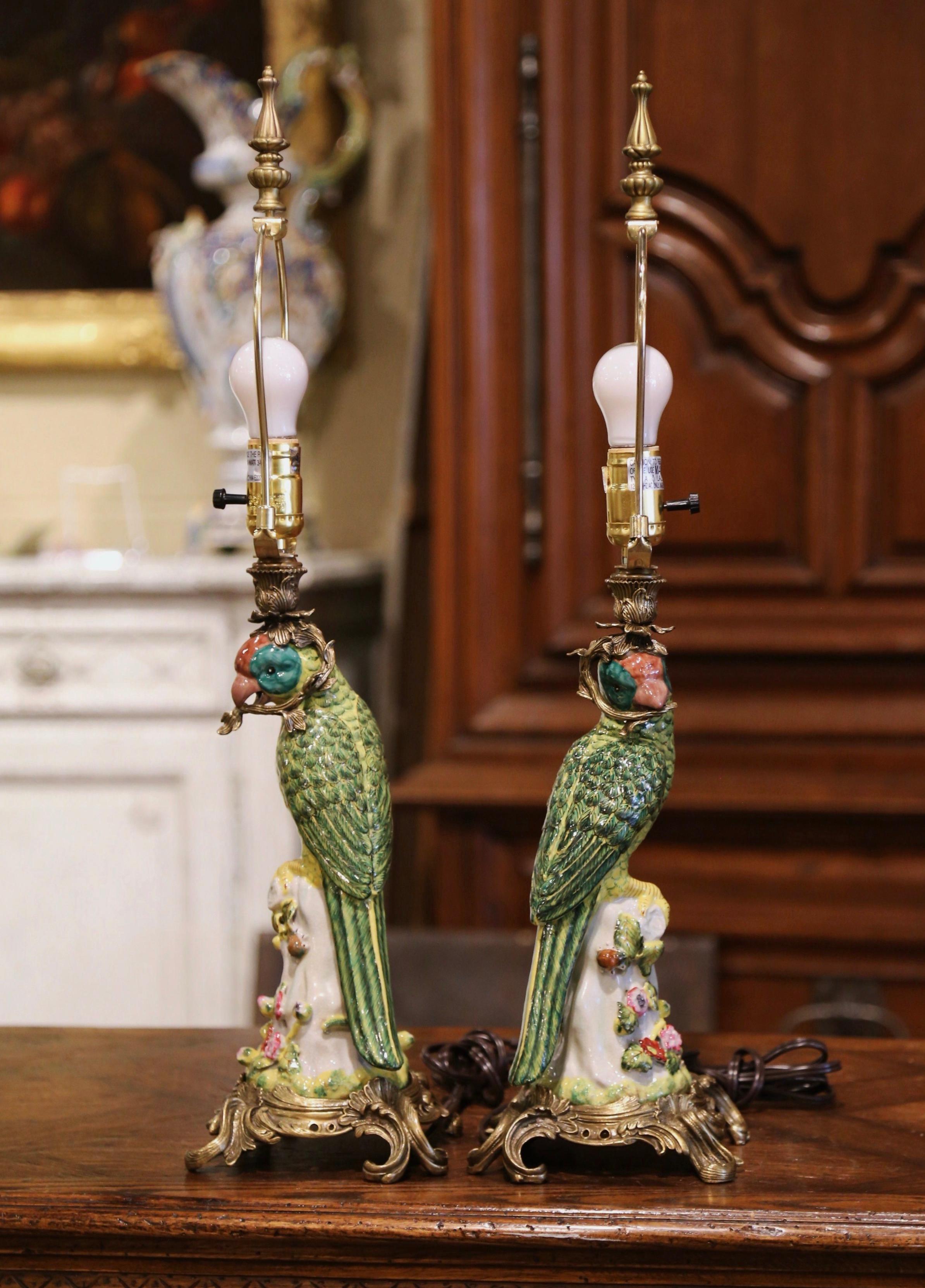Pair of Early 20th Century Painted Porcelain Parrot Table Lamps on Bronze Bases 2