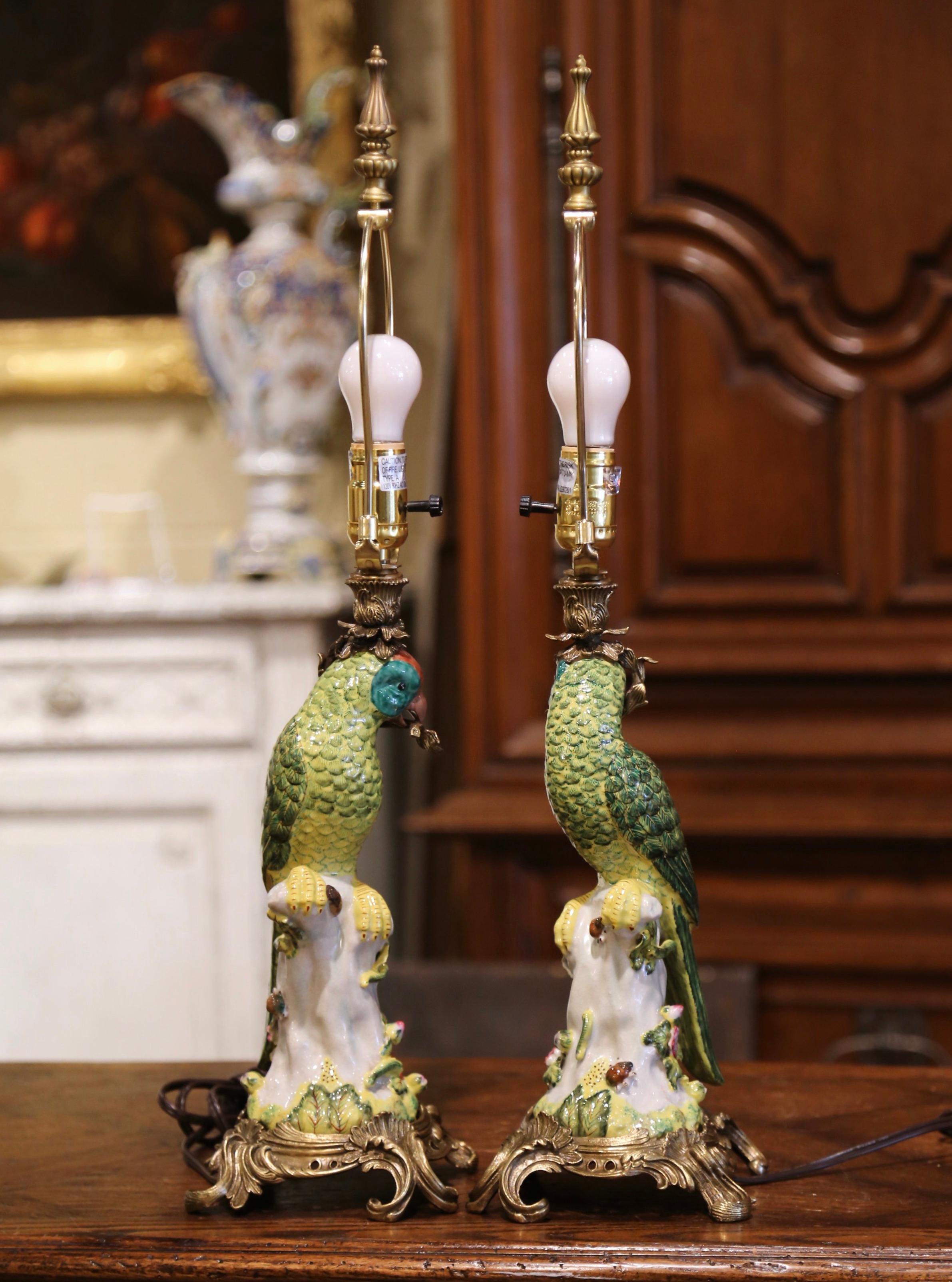 Pair of Early 20th Century Painted Porcelain Parrot Table Lamps on Bronze Bases 4