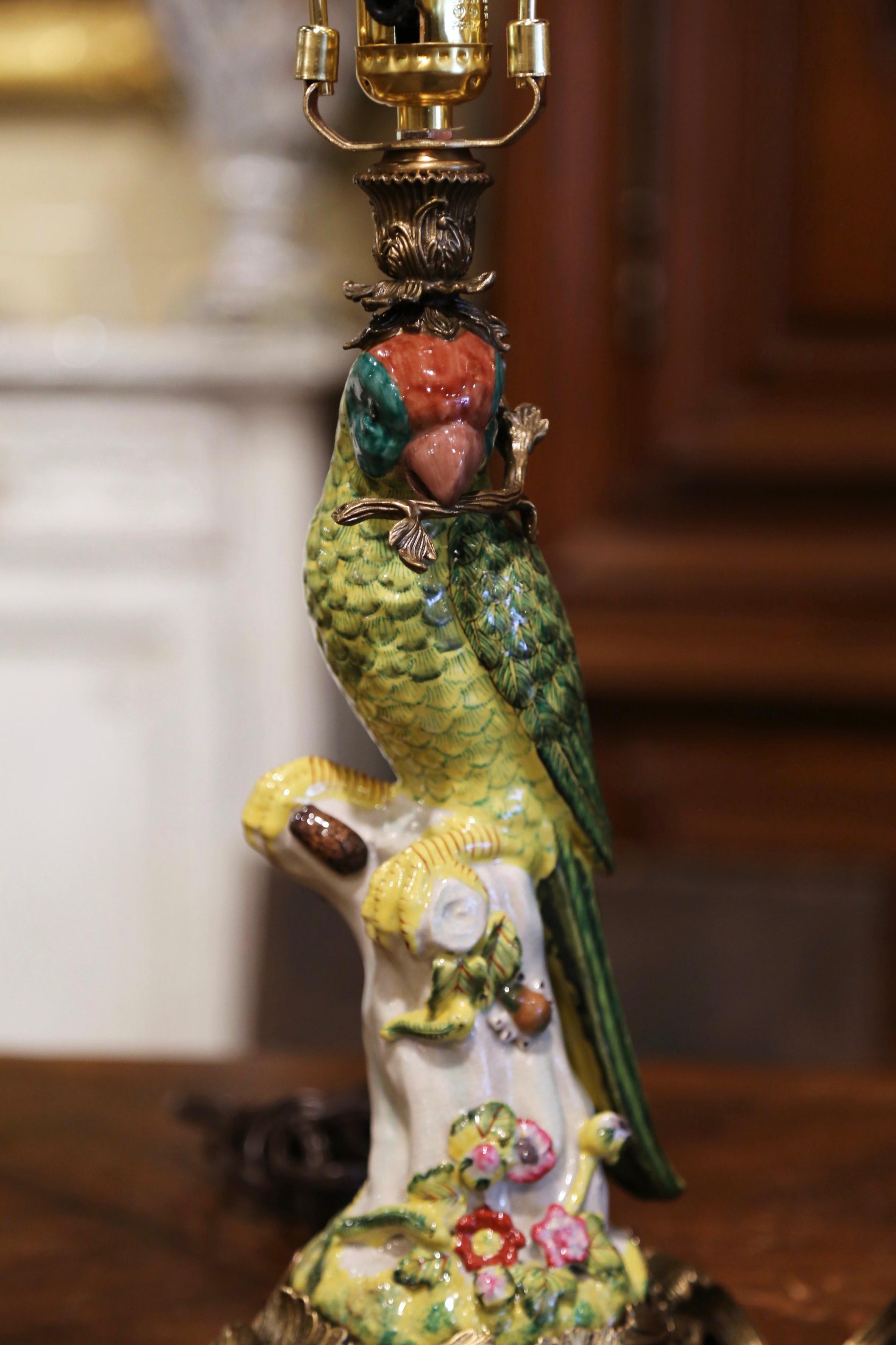 French Pair of Early 20th Century Painted Porcelain Parrot Table Lamps on Bronze Bases