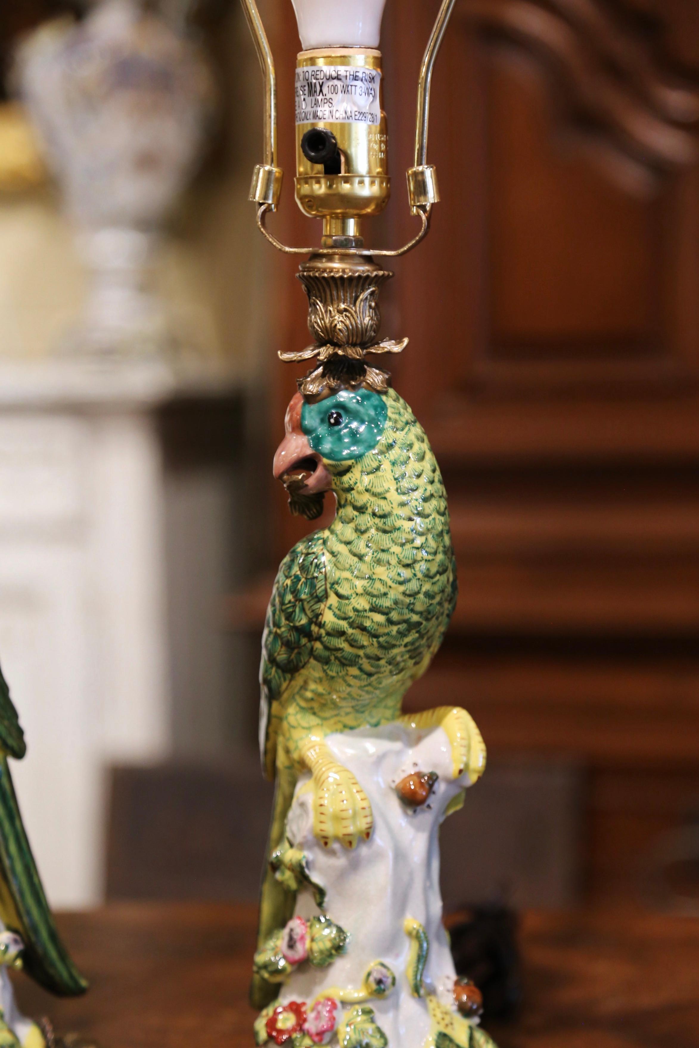 Gilt Pair of Early 20th Century Painted Porcelain Parrot Table Lamps on Bronze Bases