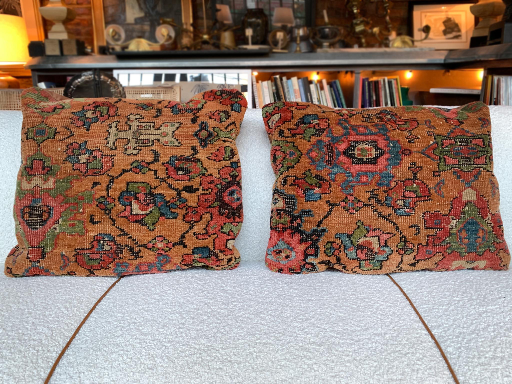 Pair of Early 20th Century Persian Rug Throw Pillows In Fair Condition For Sale In New York, NY