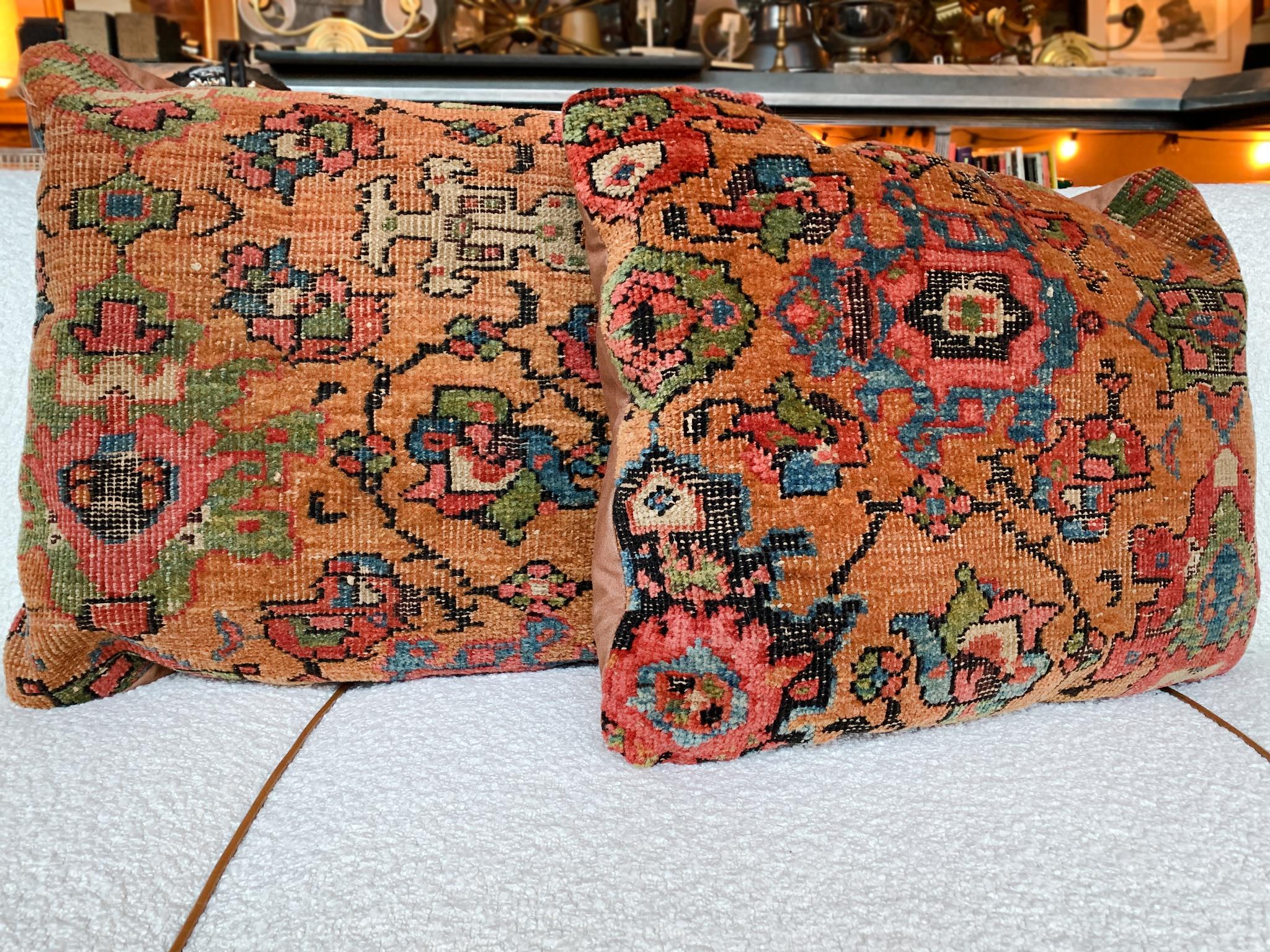 Wool Pair of Early 20th Century Persian Rug Throw Pillows For Sale