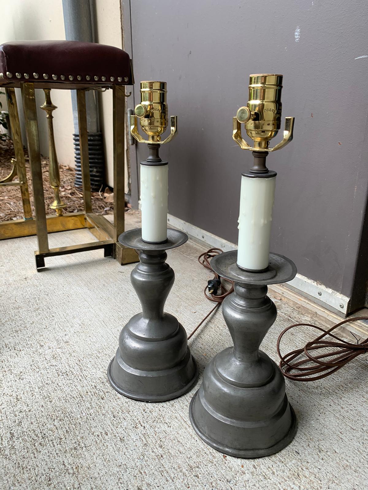 Pair of Early 20th Century Pewter Candlesticks as Lamps In Good Condition In Atlanta, GA