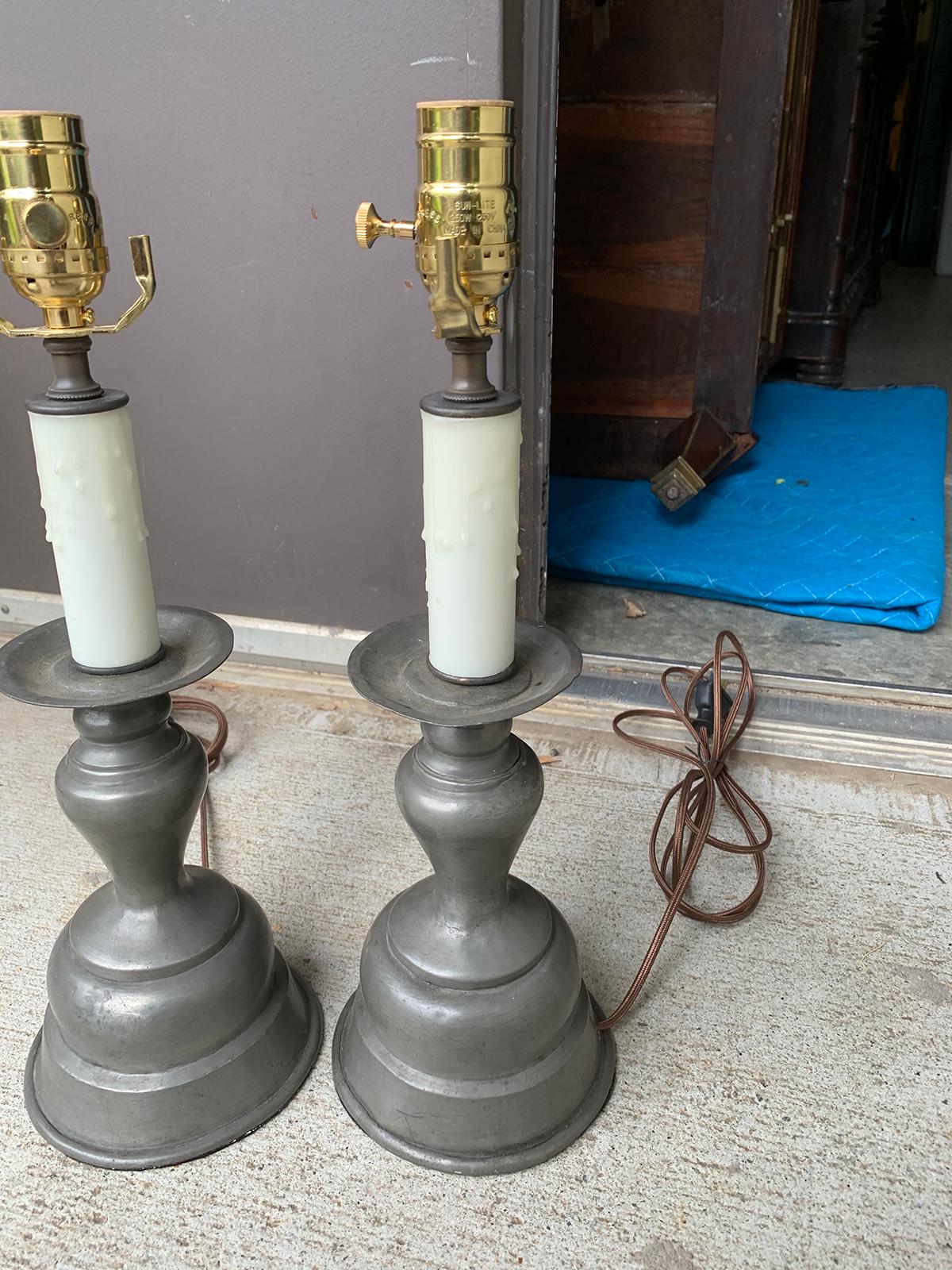 Pair of Early 20th Century Pewter Candlesticks as Lamps 1