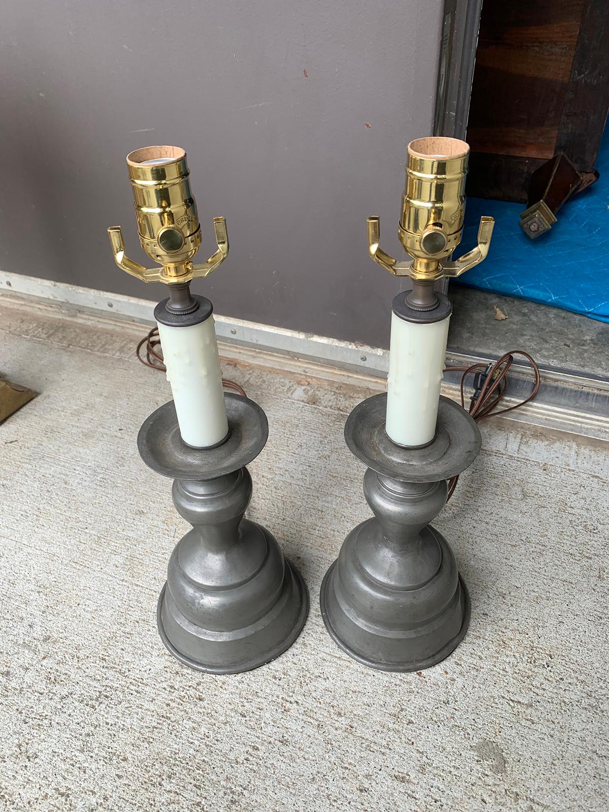 Pair of Early 20th Century Pewter Candlesticks as Lamps 2