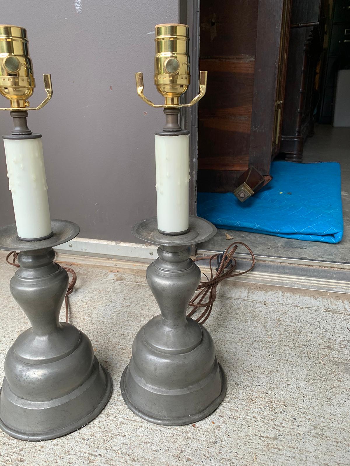 Pair of Early 20th Century Pewter Candlesticks as Lamps 3