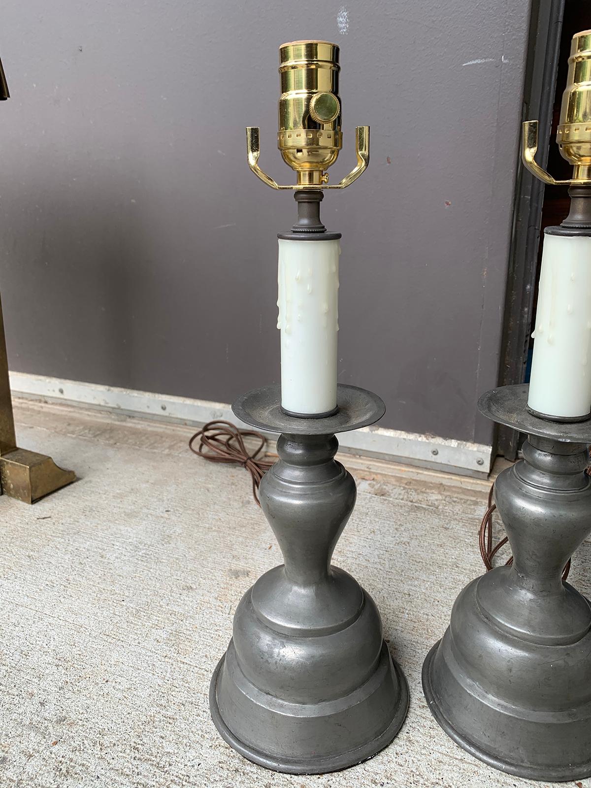Pair of Early 20th Century Pewter Candlesticks as Lamps 4