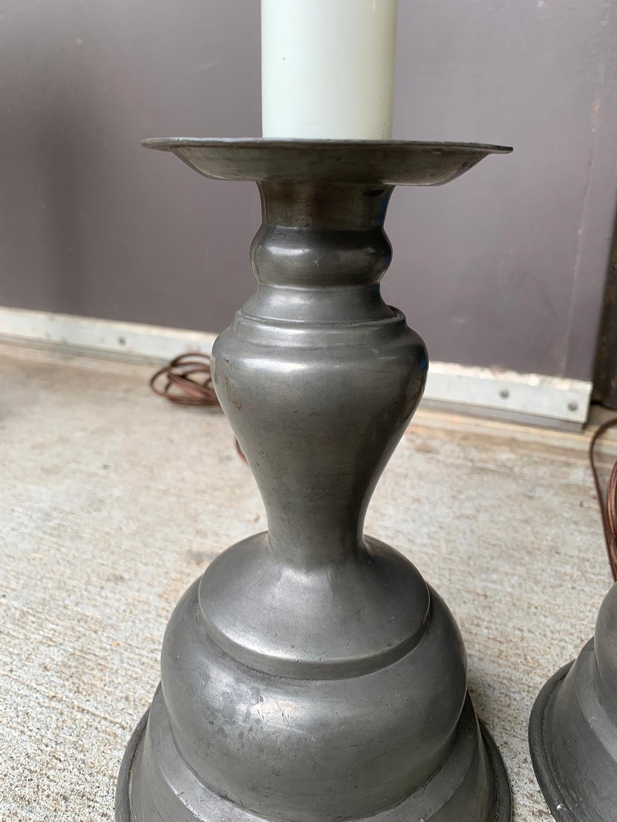 Pair of Early 20th Century Pewter Candlesticks as Lamps 6