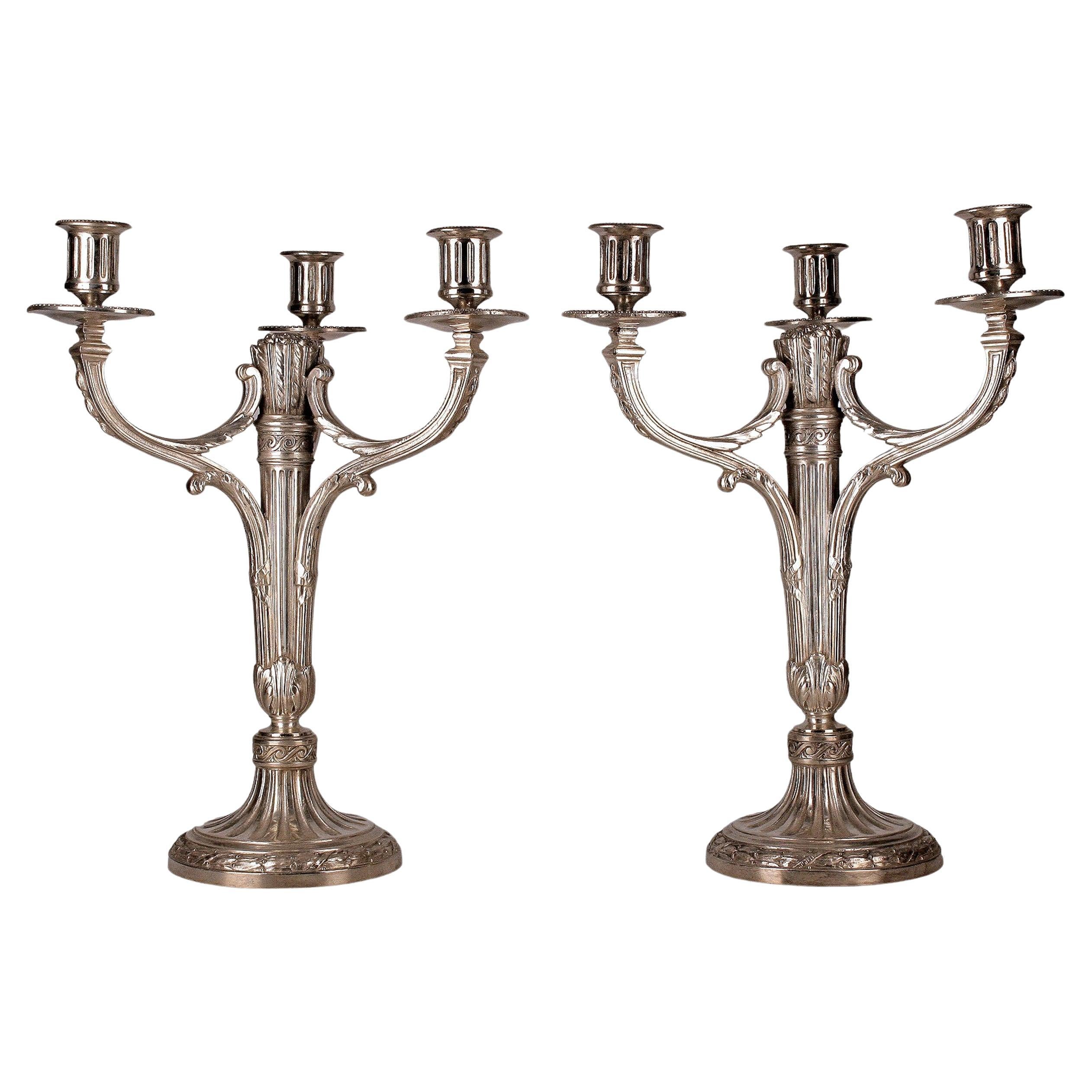 Pair of Early 20th Century Plated 3-Arms Candelabras from France by Christofle