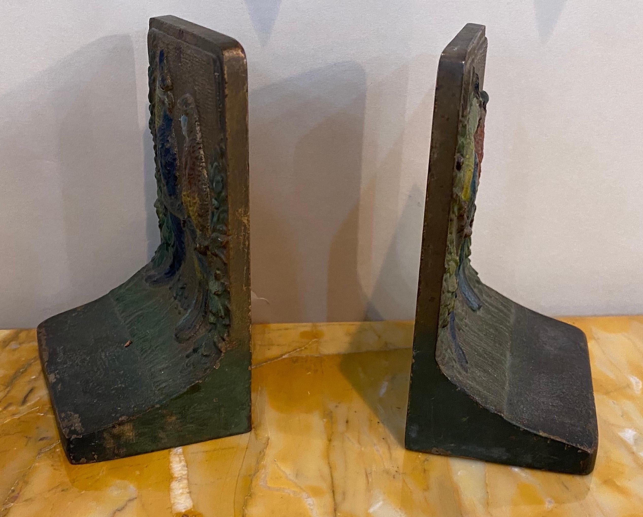 Cold-Painted Pair of early 20th Century Polychrome Bookends of Parrots by Bradley and Hubbard For Sale